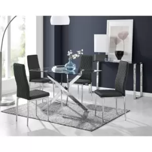 Image of Furniturebox UK - Furniturebox Leonardo 120cm Modern Glass And Chrome Metal Leg Dining Table And 4 Black Milan Faux Leather Silver Chrome Leg Dining