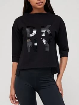 Image of DKNY SPORT Stacked Lacquer Logo Popover Top - Black Size XS Women