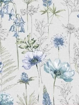 image of Fresco Floral Sketch Blue Wallpaper Paper