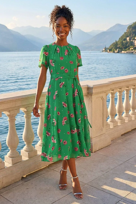 Image of Roman Womens Floral Chiffon Pleated Dress in Green Size: 12 Green Female 12