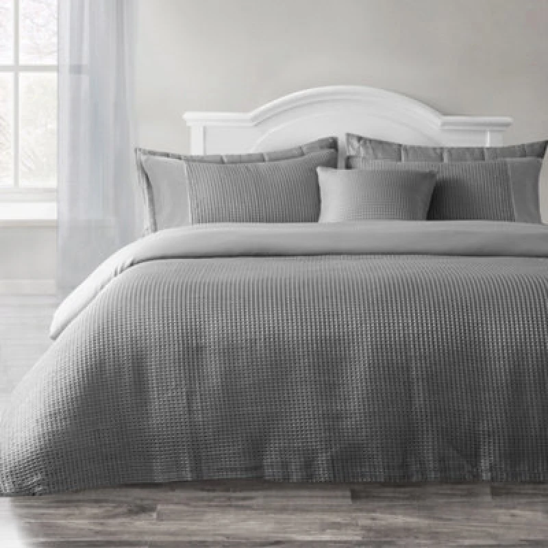 Image of Velosso Waffle Weave Duvet Cover Set With Pillowcases, Button Enclosure Textured Duvet, Easy-Care Quilt Cover - Silver