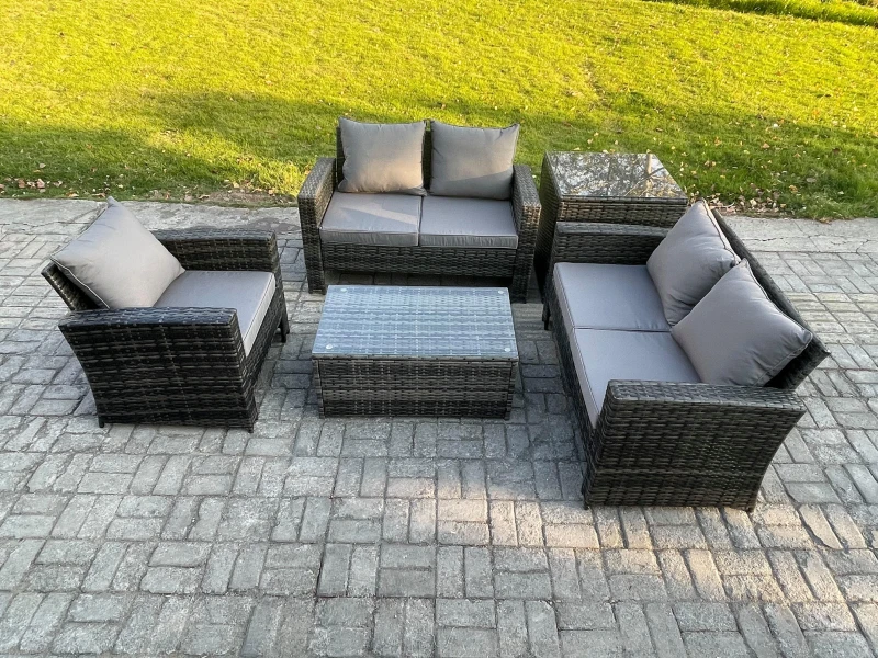 Image of Fimous Wicker Rattan Garden Furniture Sofa Set with Rectangular Coffee Table Double Seat Sofa Chair Side Table 5 Seater Outdoor Rattan Set Dark Grey U