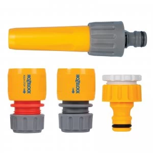 image of Hozelock Nozzle and Threaded Tap Hose Pipe Connector Starter Set 21 & 26.5mm