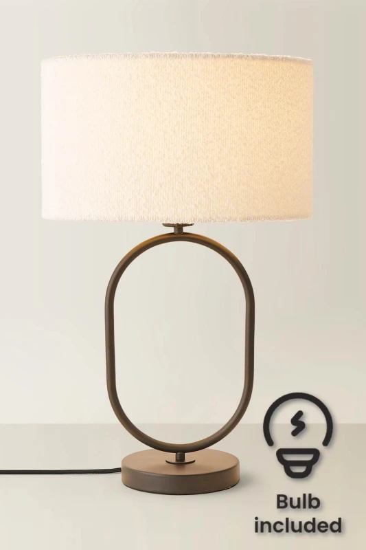 Image of ValueLights ValueLights Antonia Cream Boucle Drum Shade Matte Black Oval Table Lamp with Bulb Black One Size Unisex 5059406066979
