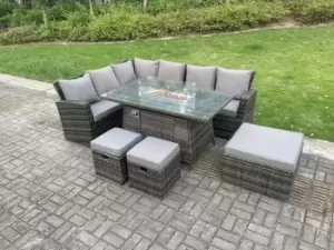 Image of Fimous 6 Seater Outdoor Dark Grey High Back Rattan Lounge Complete Sofa Set with Gas Fire Pit, 2 Stools and Big Footstool