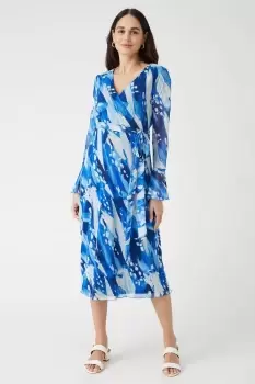 Image of Blue Abstract Belted Wrap Midi Dress