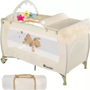 image of Tectake Travel Cot Dog 132X75X104cm With Changing Mat Play Bar & Carry Bag Biege