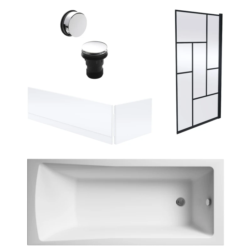 Image of Balterley Square Bath, Panels, Black Abstract Screen, Chrome Waste-1700x700mm Silver