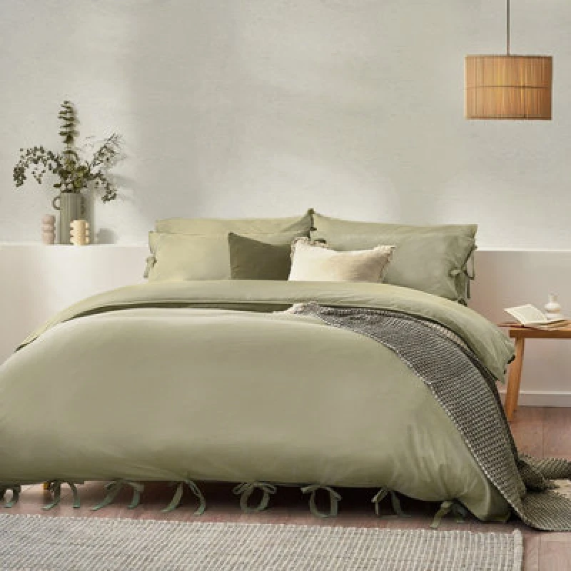 Image of Mallow Bow Tie Duvet Cover Set Soft Sage, Soft Sage / Super King