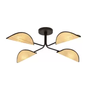 Image of Gomez Black Rattan Design Multi Arm Semi Flush Ceiling light with Brown Fabric Shades, 4x E14