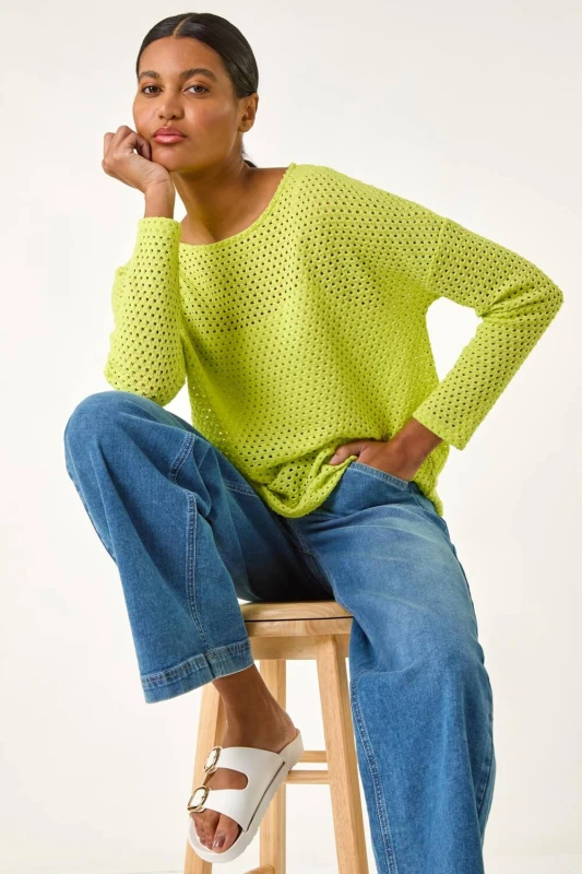 Image of Roman Womens Crochet Cotton Jersey Top in Lime Size: 18 Lime Female 18
