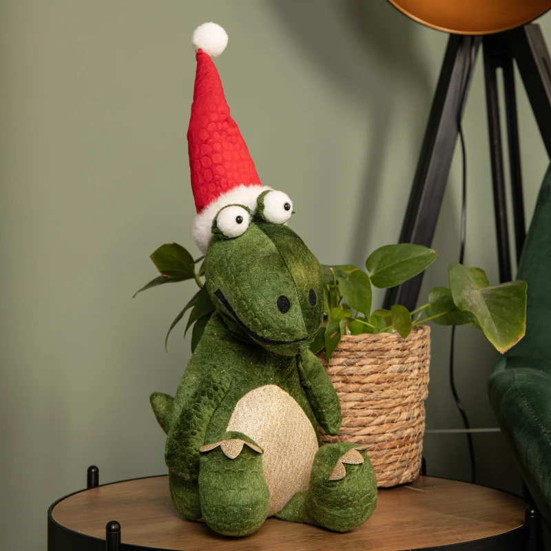 Image of 48cm Green Sitting Christmas Dinosaur with Santa Hat