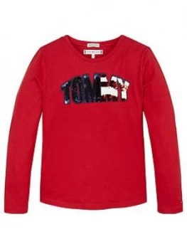 Image of Tommy Hilfiger Girls Long Sleeve Sequin Logo T-Shirt - Red