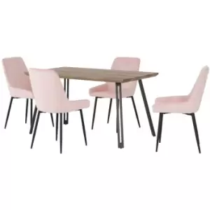 image of Seconique - Quebec Straight Edge Dining Set Medium Oak Effect with Pink Velvet Chairs