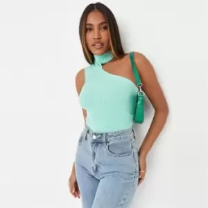 image of Missguided Rib High Neck Asymmetric Bodysuit - Green