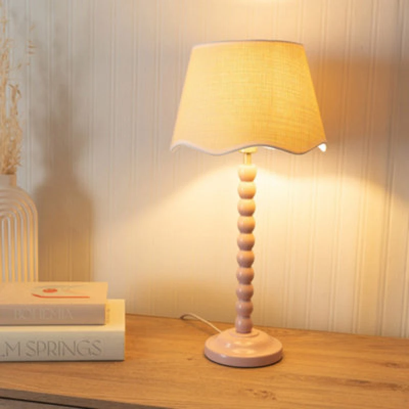 Image of ValueLights ValueLights Bobbins Painted Rose Table Lamp with Linen Scallop White Trim Shade in Pale Pink Pale Pink One Size Unisex 5059406056338