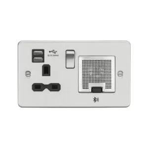 Image of Flat Plate 13A socket, usb chargers (2.4A) and Bluetooth Speaker - Brushed chrome with Black insert - Knightsbridge