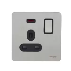 Image of Schneider USFP 13A Double Pole 1G Switched Socket W/Neon Black Insert Stainless Steel - GU3411DBSS