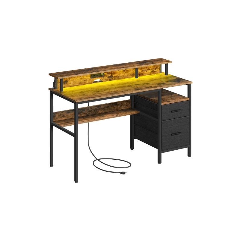 Image of Songmics Workstation Desk, With LED Lighting And Power Connectivity, Corner Desk, With Shelf, USB Ports, And Drawers, Rustic Brown