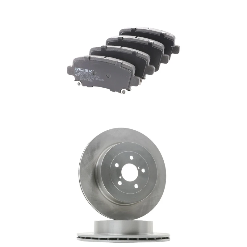Image of RIDEX 3405B2213 Brake disc and pads set Rear Axle, Brake Disc Type: internally vented, with acoustic wear warning Brake Set,disc brakes (3405)