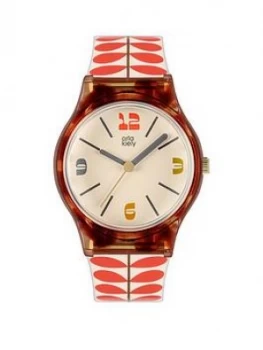 image of Orla Kiely Orla Kiely Bobby Tortoise Shell Case White And Red Stem Print Strap Watch