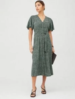 Image of WHISTLES Anita Spotted Animal Frill Sleeve Dress - Green/Multi, Green Multi, Size 16, Women