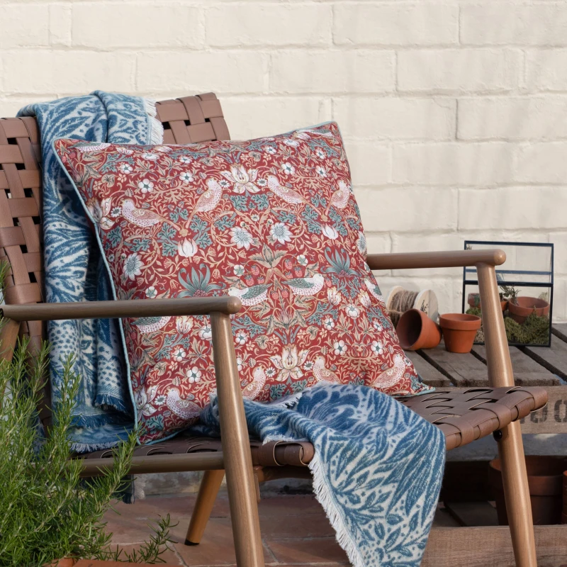Image of Morris & Co Morris & Co Strawberry Thief Piped Outdoor Cushion in Red Size: 50cm x 50cm Red 50cm x 50cm Unisex 5025532850843