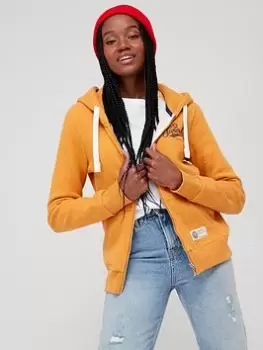 Image of Superdry Vintage Script Logo Zip Through Hoodie - Gold, Yellow, Size 12, Women