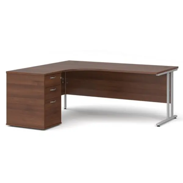 image of Office Desk Left Hand Corner Desk 1800mm With Pedestal Walnut Top With Silver Frame Maestro 25