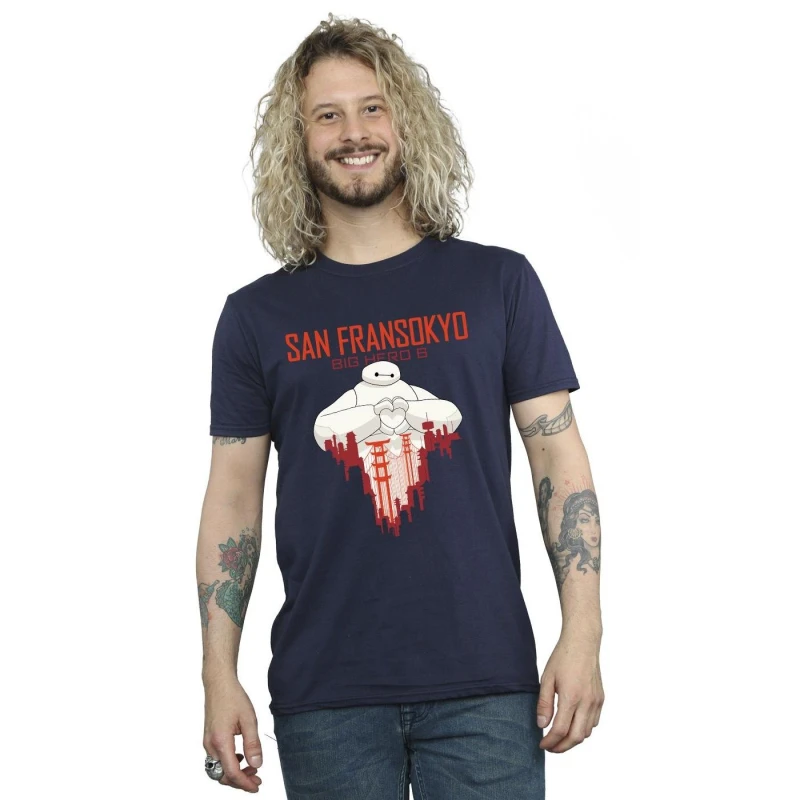 Image of Disney Men Big Hero 6 Baymax San Fransokyo Heart T-Shirt in Navy Size: Small Navy S Male 5059934882164