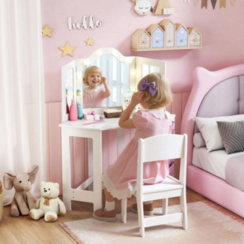 Image of Aiyaplay Kids Vanity Table And Stool With Lights, Tri-Folding Mirror, White