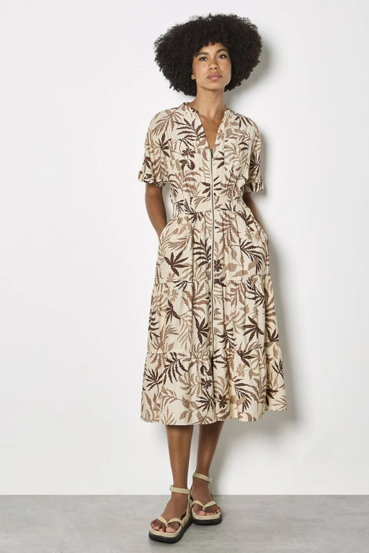 Image of Apricot Womens Tropical Leaf Zip-Down Midi Dress in Stone Size: 8 Stone Female 8