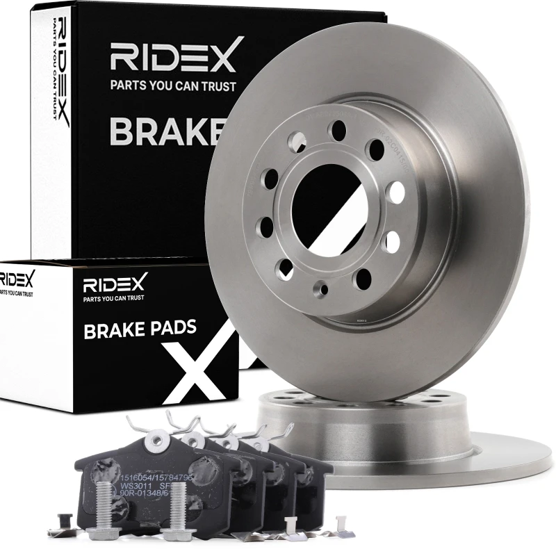 Image of RIDEX 3405B1137 Brake disc and pads set Rear Axle, Brake Disc Type: Solid, with integrated wear sensor Brake Set,disc brakes (3405)