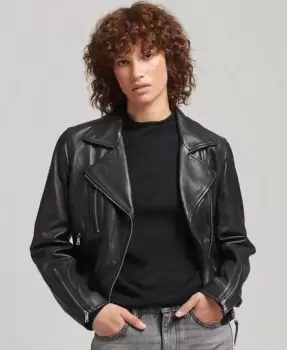Image of Superdry Womens Leather Biker Jacket Black - Size: 12