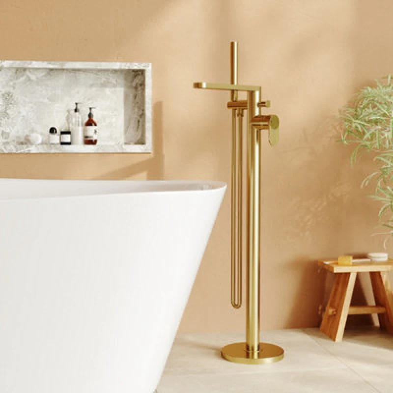 Image of FNX Bathrooms Linea Freestanding Bath Shower Mixer With Kit Brushed Brass Contemporary 1 Hole
