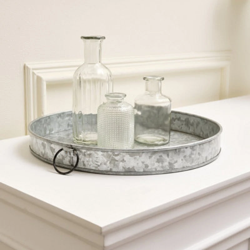 Image of Melody Maison Rustic Galvanised Steel Silver Round Display Tray Metallic Silver