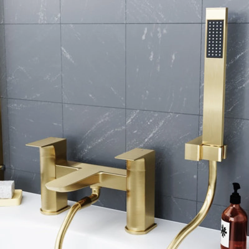 Image of Nes Home Contemporary Brushed Brass Bath Shower Mixer Tap with Handheld Kit in Gold Gold Unisex