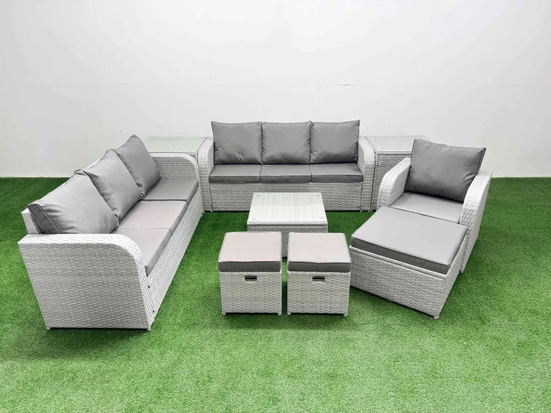 Image of Fimous 10 Seater Poly Rattan Outdoor Garden Furniture Square Coffee Table Sofa Set Patio 3 Seater Sofa Reclining Chair 3 Seater Sofa 3 Stools 2 Side T