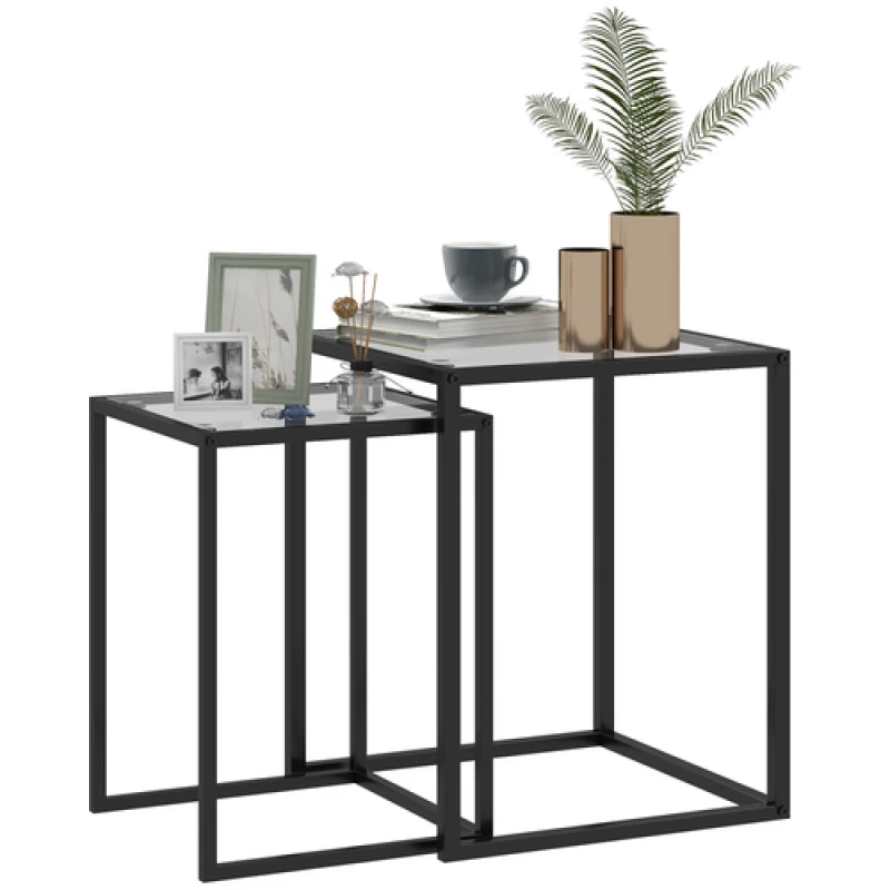 Image of HOMCOM HOMCOM Nesting Tables Set of 2, End Table with Tempered Glass Top, Black One Size Unisex 5063603024786