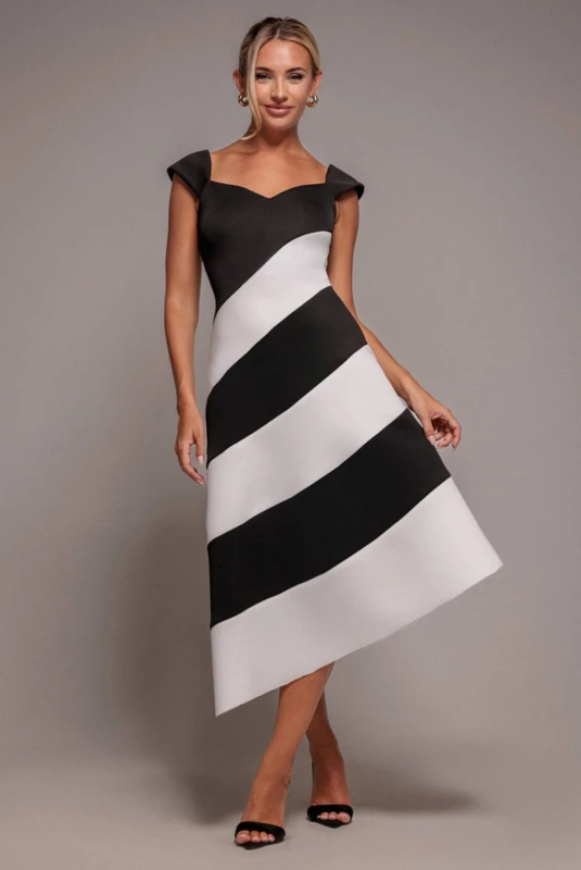 Image of Goddiva Womens Striped Contrast Asymmetric Midi Dress Size: 10 Multicolor Female 10