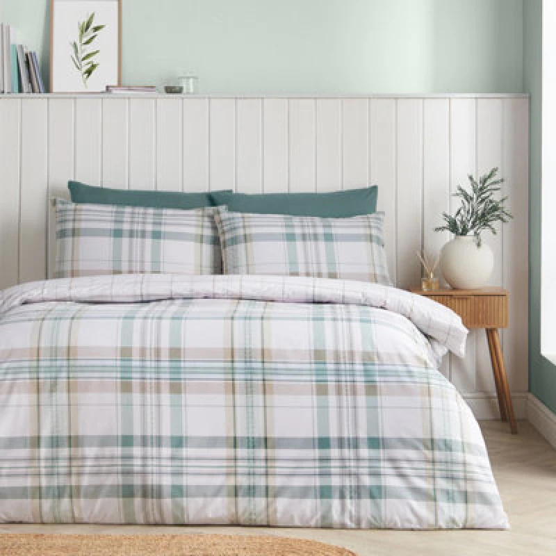 Image of Catherine Lansfield Cartmel Check Reversible Single Duvet Cover Set With Pillowcase Soft Green