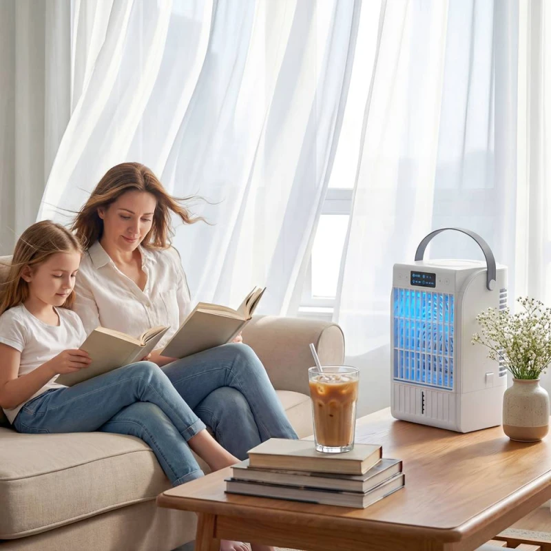 Image of HOMCOM 4-in-1 Mini Air Cooler with RGB 7 LED Light, Cooling Fan in White White Unisex