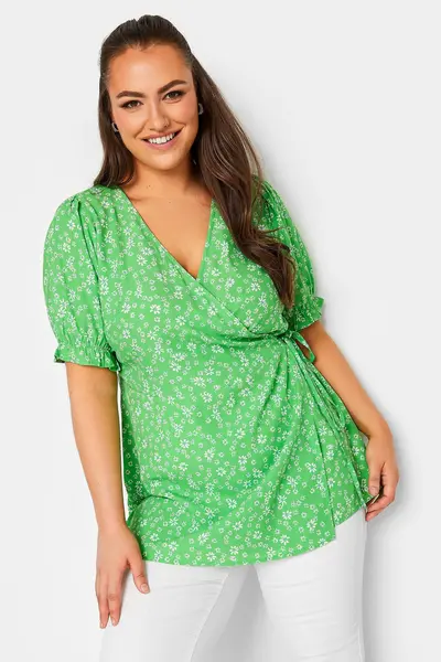Image of Yours Wrap Top Green Daisy, Green, Size 16, Women Green VIZ6S Female 16
