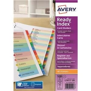 image of Original Avery ReadyIndex A4 Index with Coloured Contents Sheet Matching Mylar Tabs 1 20