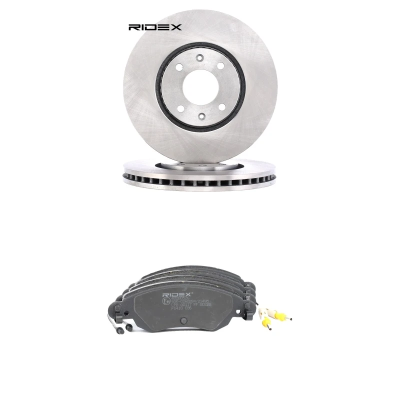 Image of RIDEX 3405B2911 Brake disc and pads set Front Axle, Brake Disc Type: Vented, incl. wear warning contact Brake Set,disc brakes (3405)