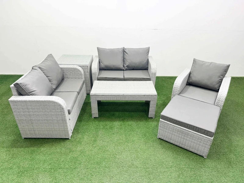 Image of Fimous High Back Poly Rattan Garden Furniture Set with Reclining Chair Loveseat Sofa Oblong Coffee Table Indoor Outdoor Patio Set Big Stool Side Tabl