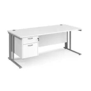 image of Office Desk Rectangular Desk 1800mm With Pedestal White Top With Silver Frame 800mm Depth Maestro 25 MCM18P2SWH