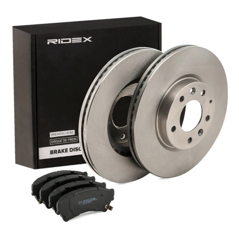 Image of RIDEX 3405B1298 Brake disc and pads set Front Axle, Brake Disc Type: Vented, with acoustic wear warning Brake Set,disc brakes (3405)