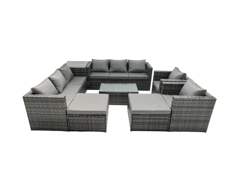 Image of Fimous 10-seater Patio Coffee Table Sofa Set with 2 Big Stools Side Table in Dark Grey Dark Grey Unisex