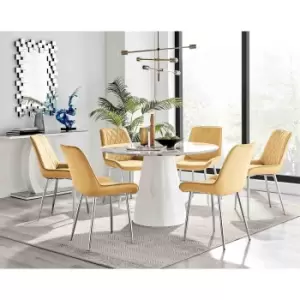 Image of Furniture Box Palma White Marble Effect Round Dining Table and 6 Mustard Pesaro Silver Leg Chairs